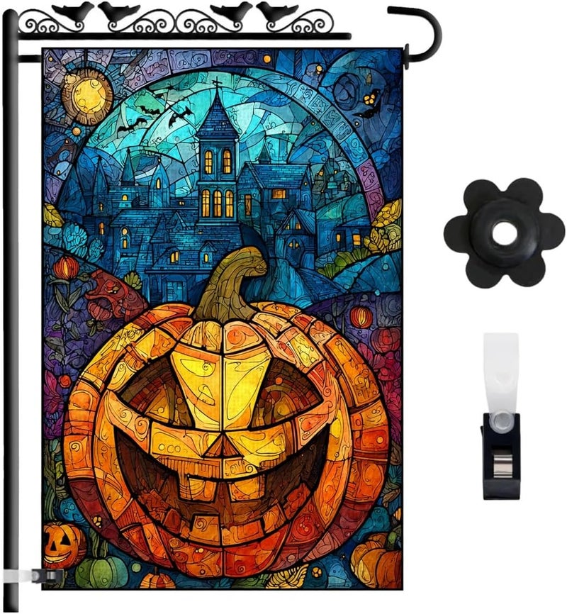 KarvePro Halloween Garden Flag 12x18 – Double Sided Burlap Flag with Pumpkin & Stained Glass Design –Fall Outdoor Yard Decor for Halloween - Image 1